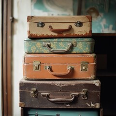 Poster - Four stacked suitcases with various travel stickers and tags