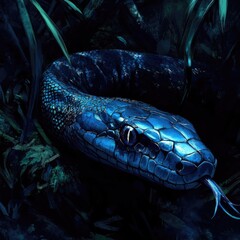 Poster - A close-up of a blue snake's tongue sticking out into the darkness