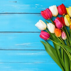 Poster - A still life image featuring a bunch of colorful tulips on a blue wooden table, perfect for use in floral or interior design themed projects