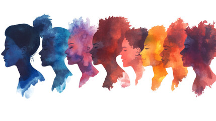 Wall Mural - Multiple colored face silhouettes in watercolor style isolated on white background