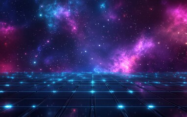 a digital grid stretching into infinity with vibrant hues of purple and blue, glowing nebulae in the
