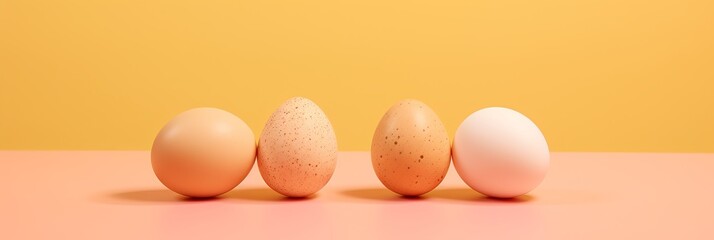 Poster - Varied eggs arranged artfully on a pastel backdrop in soft lighting. Generative AI