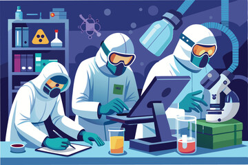 Aufkleber - team of scientists in biosafety level 4 lab wearing full hazmat suits analyzing samples of the Hantahmpv virus under high tech microscope clipart vector