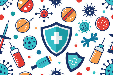 Poster - seamless pattern of stylized hmpv virus particles and healthcare symbols like masks syringes and shields set against clean white or light gray background clipart vector