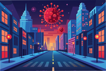 Leinwandbilder - An empty city street with glowing red hmpv virus particles floating above symbolizing the impact of the pandemic lockdown clipart vector