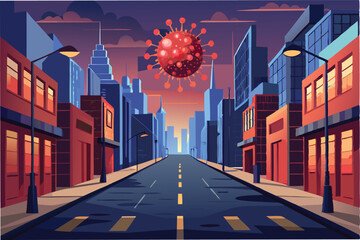 Leinwandbilder - An empty city street with glowing red hmpv virus particles floating above symbolizing the impact of the pandemic lockdown clipart vector