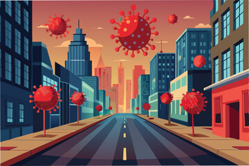 Fototapete - An empty city street with glowing red hmpv virus particles floating above symbolizing the impact of the pandemic lockdown clipart vector