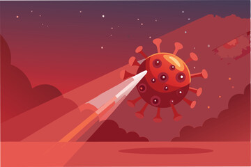 Poster - macro view of hmpv particles drifting in misty red haze illuminated by soft beams of light piercing through the atmosphere clipart vector
