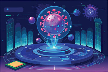 Poster - holographic 3D representation of hmpv particles rotating against glowing digital dashboard filled with futuristic medical datclipart vector