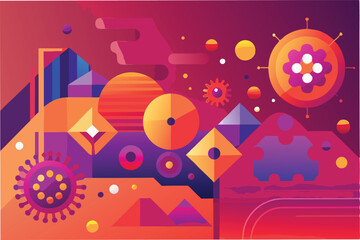 Leinwandbilder - graphical abstract background with geometric shapes and layers of hmpv virus icons blended with gradient shades of red orange and purple clipart vector
