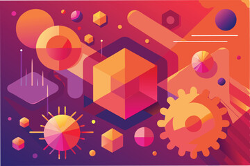 Leinwandbilder - graphical abstract background with geometric shapes and layers of hmpv virus icons blended with gradient shades of red orange and purple clipart vector