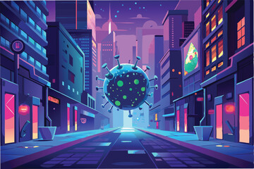 Poster - glowing cyberpunk style Human metapneumovirus Virus hmpv hovering in neon lit city street with reflections and mist adding atmosphere clipart vector