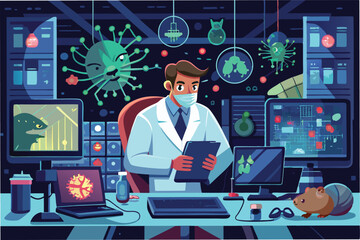 Aufkleber - dramatic scene of scientist working late in lab surrounded by screens displaying the structure of the Hantahmpv virus clipart vector