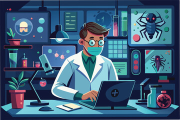 Aufkleber - dramatic scene of scientist working late in lab surrounded by screens displaying the structure of the Hantahmpv virus clipart vector