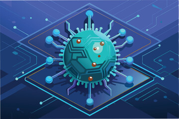 Leinwandbilder - digital representation of the hmpv virus with sharp spiky details floating over dark circuit like surface with faint neon blue accents clipart vector