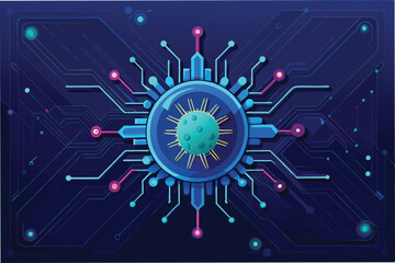 Leinwandbilder - digital representation of the hmpv virus with sharp spiky details floating over dark circuit like surface with faint neon blue accents clipart vector