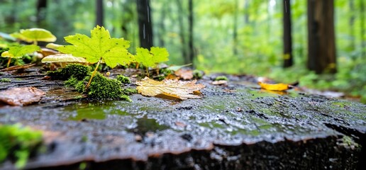 Wall Mural - A close-up of a mossy log in a lush, green forest setting.