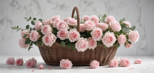 Wall Mural - Delicate pink roses overflowing a woven basket, pure white backdrop, tender, decoration