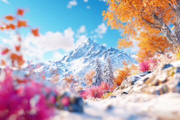 Wall Mural - Snowy mountain reveals bare rock and vibrant autumn colors under bright clear sky