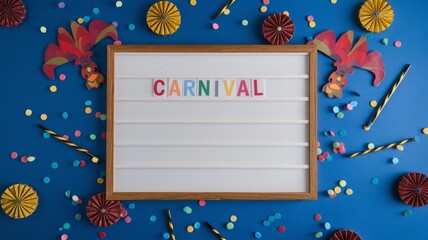 Whiteboard with word carnival and decorations around, concept of culture and festivities