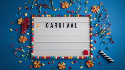 Whiteboard with word carnival and decorations around, concept of culture and festivities