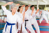 Adult people practicing taekwondo and warming up for training while standing barefoot