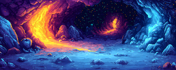 Wall Mural - a computer generated image of a cave with a blue and orange tunnel