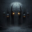 © Imagination  World - A mystical entrance shrouded in darkness, illuminated by eerie glowing orbs, suggesting secrets and ancient knowledge.