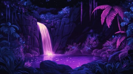 Wall Mural - Nighttime Waterfall in a Purple Tropical Forest