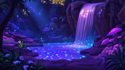 Wall Mural - Enchanting Night Waterfall Cascading into Glowing Pool