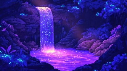 Wall Mural - Enchanting Waterfall Glowing In A Magical Cave