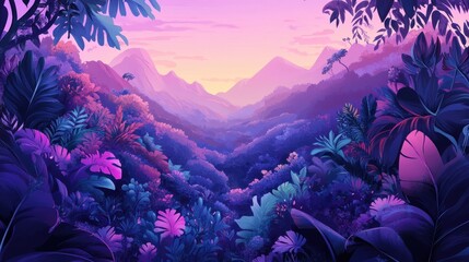 Wall Mural - Vibrant Tropical Sunset Over Lush Purple Mountains