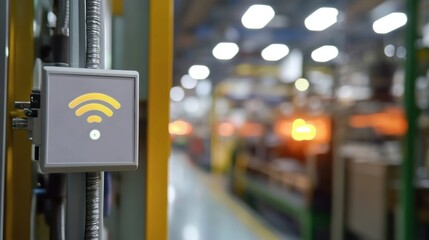 Poster - Wireless communication device displaying network symbol illuminates inside factory, signifying internet connectivity and automation in industrial environment