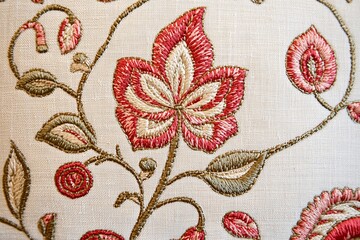 Wall Mural - Elegant Red and Beige Floral Embroidery on Linen Fabric Texture