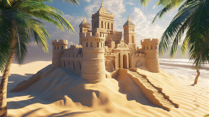 Sandcastle architecture building sculpture made with hands and sand on the beach. Majestic beach sandcastle