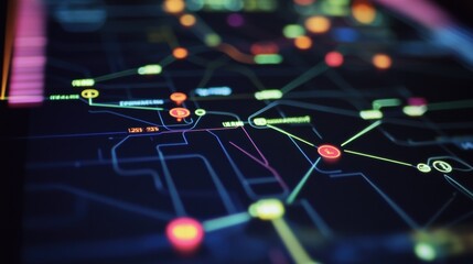 Poster - futuristic digital interface featuring an interactive map with glowing markers, data points, and int
