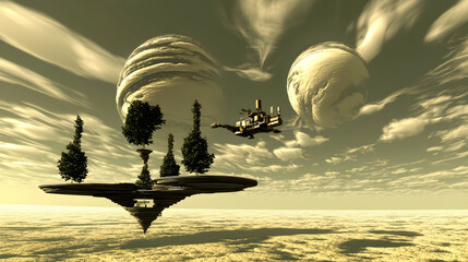 Wall Mural - floating island, steampunk-style vessel, surreal cloudscape, otherworldly landscape.