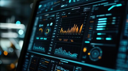 Aufkleber - futuristic computer screen displaying vibrant orange and blue charts alongside various statistics in