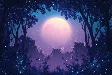 Wall Mural - Enchanting Moonlight Forest Scene With Glowing Fireflies