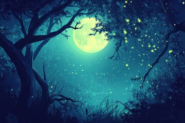 Wall Mural - Enchanting Moonlit Forest Night With Fireflies