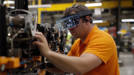 Poster - Engineer wearing augmented reality glasses operates complex machinery in a high tech factory, showcasing the integration of ar technology in modern industry