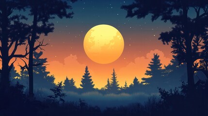 Wall Mural - Forest Silhouette Against a Large Yellow Moon and Starry Night Sky