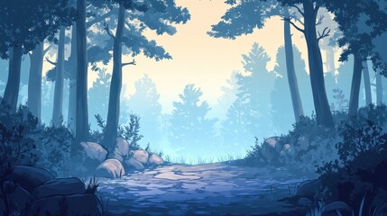 Wall Mural - Serene Blue Forest Path Morning Mist