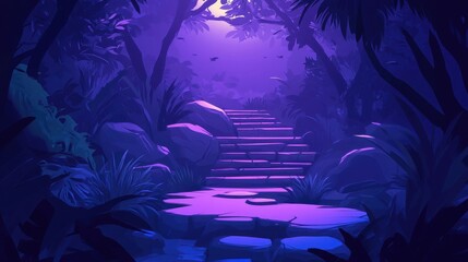 Wall Mural - Stone Steps Leading Through A Purple Night Forest