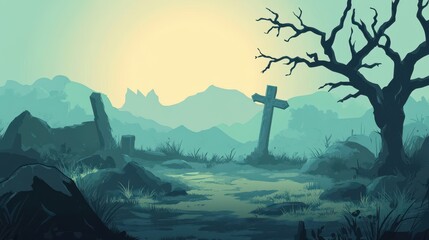 Wall Mural - Serene Mountain Graveyard Cross And Barren Tree