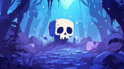 Wall Mural - A Cartoon Skull Rests in a Mystical Blue Forest