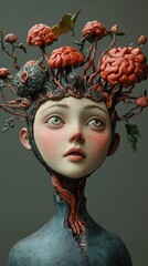 Wall Mural - Surreal Girl Sculpture with Brain Mushrooms