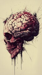 Wall Mural - Skull and Brain: A Dark Surrealist Artwork