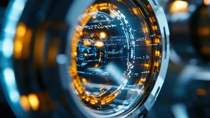 Poster - futuristic spaceship cockpit showing a circular display with holographic projections of data, comple