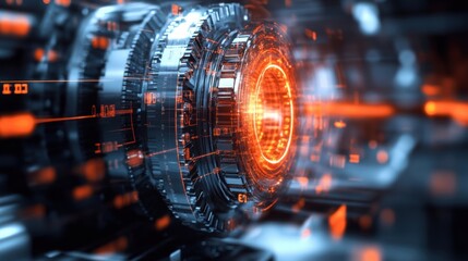 Poster - complex rotating machine with metallic gears and orange light beams generating energy and displaying